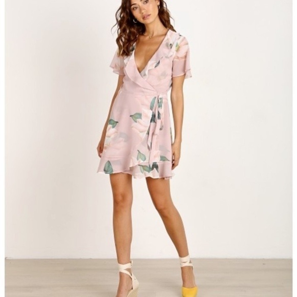 Show Me Your Mumu Pink Magnolia Floral Ruffle Wrap Mini Dress Small - Picture 12 of 17